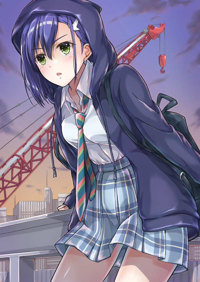 blue_hair breasts building chestnut_mouth commentary_request crane darling_in_the_franxx green_eyes hair_ornament hairclip hood hood_up hooded_jacket hoshimaemi ichigo_(darling_in_the_franxx) jacket leaning_forward machinery medium_breasts necktie plaid plaid_skirt school_uniform short_hair skirt solo twilight