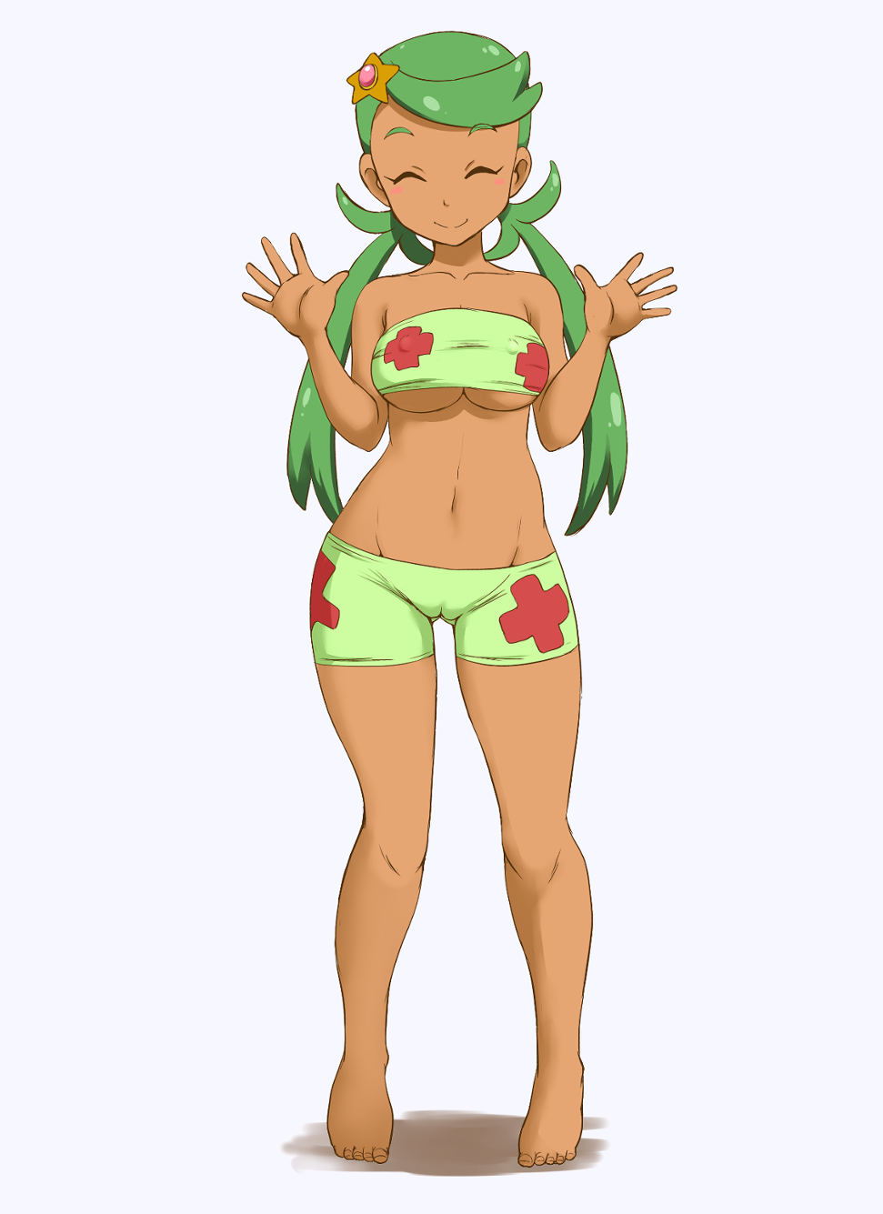 ^_^ alternate_hair_ornament ass_visible_through_thighs bangs bare_legs bare_shoulders barefoot bikini bikini_shorts blush_stickers breasts cameltoe character_hair_ornament closed_eyes closed_mouth collarbone covered_nipples dark_skin facing_viewer full_body gen_1_pokemon green_bikini green_tubetop grey_background groin hair_ornament highres legs_apart long_hair low_twintails mao_(pokemon) medium_breasts navel pokemon pokemon_(anime) pokemon_sm_(anime) print_tubetop shorts simple_background smile spread_fingers standing star star_hair_ornament staryu stomach strapless swept_bangs swimsuit tof tubetop twintails underboob w_arms