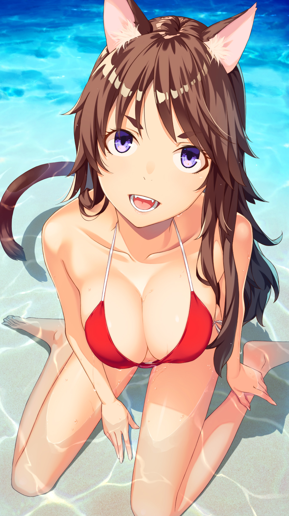 animal_ears bad_id bad_pixiv_id bangs bare_legs bare_shoulders beach between_legs bikini breasts brown_hair cat_ears cat_tail cleavage collarbone commentary_request day eyebrows_visible_through_hair hand_between_legs highres kimura_(ykimu) large_breasts long_hair looking_at_viewer original outdoors purple_eyes red_bikini sitting smile solo swimsuit tail teeth thick_eyebrows wariza wavy_hair