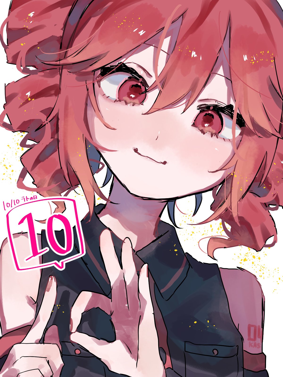 1girl bare_shoulders black_sleeves blush collared_shirt dated detached_sleeves double-parted_bangs drill_hair flat_chest hair_between_eyes highres index_finger_raised kasane_teto long_sleeves looking_at_viewer number_tattoo ok_sign pocket red_eyes red_trim sakanaya_(toretate_fish) shirt simple_background smile solo tattoo twin_drills upper_body utau white_background wing_collar