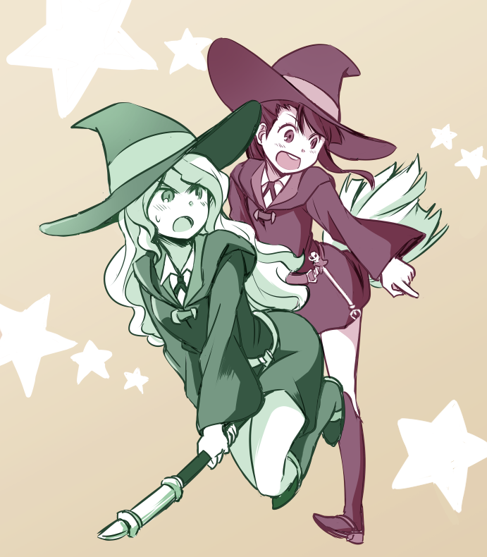 :d :o blush boots broom broom_riding commentary_request diana_cavendish hat kagari_atsuko limited_palette little_witch_academia long_hair medium_hair multiple_girls multiple_riders open_mouth pointing smile sweatdrop v-shaped_eyebrows witch_hat yuui_daisuke