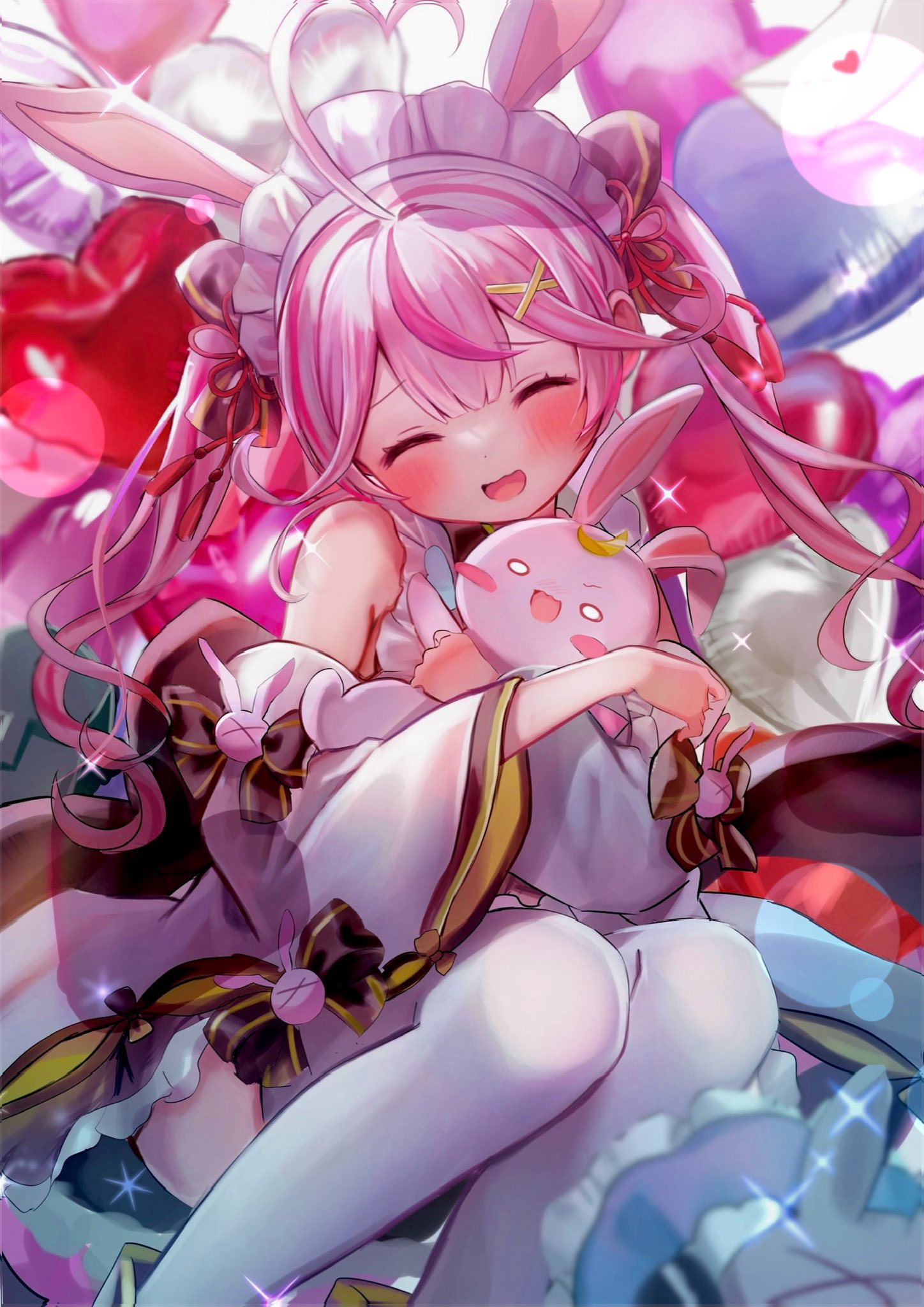 1girl ahoge animal_ears balloon bare_shoulders blush bow brown_bow closed_eyes cross_hair_ornament detached_sleeves dress frilled_dress frills hair_ornament heart_balloon highres hug indie_virtual_youtuber long_hair maid maid_headdress mochizuki_nako multicolored_hair pink_hair rabbit rabbit_ears rabbit_girl rachip sitting socks streaked_hair tassel tassel_hair_ornament thighhighs twintails virtual_youtuber wa_maid white_socks wide_sleeves yellow_bow