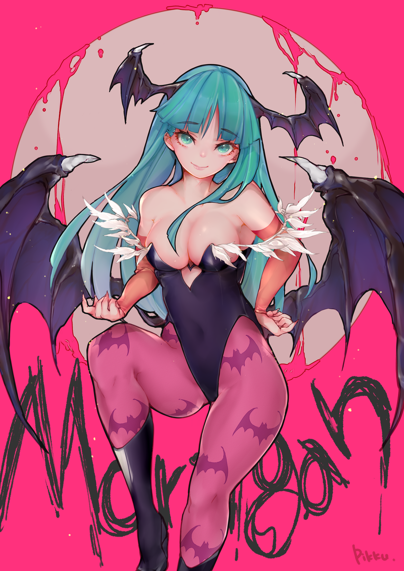 animal_print aqua_eyes aqua_hair artist_name bangs bare_shoulders bat_print black_footwear blood blush boots breasts character_name cleavage closed_mouth covered_navel demon_girl detached_sleeves eyebrows_visible_through_hair feet_out_of_frame hand_on_hip head_wings heart_cutout highleg highleg_leotard knee_boots leg_up leotard lips long_hair long_sleeves looking_at_viewer medium_breasts morrigan_aensland pantyhose parted_bangs pikkumyy pink_legwear print_legwear purple_wings smile solo spikes standing standing_on_one_leg straight_hair strap_slip succubus thick_eyebrows vampire_(game) very_long_hair wings