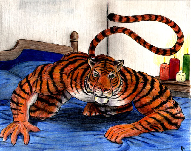 bed candle crouching feline foreshortening green_eyes looking_at_viewer male mammal muscular muscular_male raised_tail sudonym tiger traditional_media_(artwork)