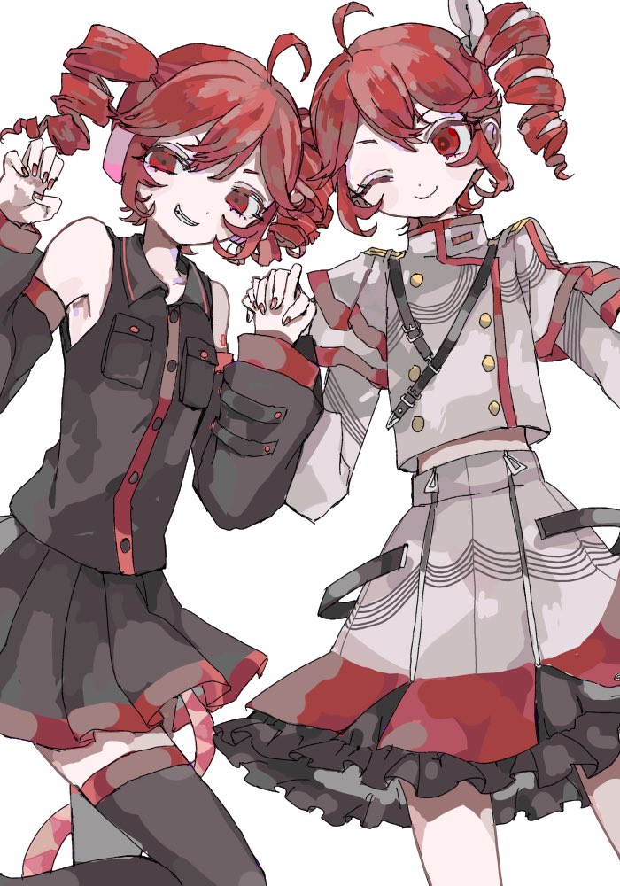 2girls ;) ahoge bare_shoulders belt black_belt black_shirt black_skirt black_sleeves black_thighhighs breast_pocket buttons claw_pose closed_mouth collared_shirt detached_sleeves double-parted_bangs drill_hair dual_persona ebi834 eyelashes fingernails grey_jacket grey_skirt grin hair_between_eyes hair_ribbon holding_hands interlocked_fingers jacket kasane_teto kasane_teto_(sv) long_sleeves looking_at_another miniskirt multiple_girls nail_polish number_tattoo one_eye_closed pleated_skirt pocket red_eyes red_hair red_nails red_trim ribbon shirt short_hair shoulder_belt shoulder_tattoo simple_background skirt smile synthesizer_v tattoo teeth thighhighs twin_drills utau v-shaped_eyebrows white_background white_ribbon zettai_ryouiki