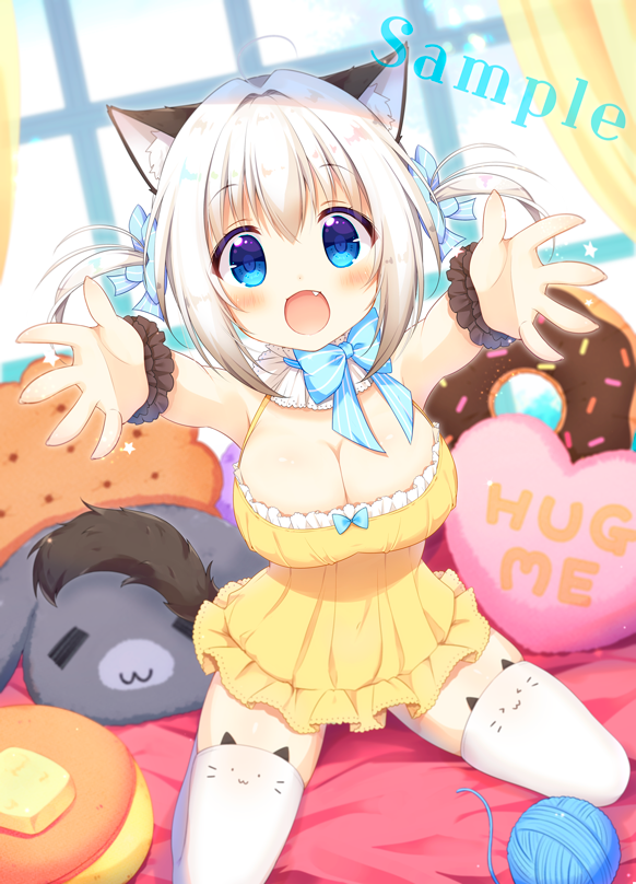 :d animal_band_legwear animal_ears aoi_yun bare_shoulders black_scrunchie blue_bow blue_eyes blue_sky blush bow breasts cat_band_legwear cat_ears cleavage curtains day dress dutch_angle fang hair_bow heart heart_pillow indoors kneeling large_breasts open_mouth original outstretched_arms pillow sample scrunchie sidelocks silver_hair sky sleeveless sleeveless_dress smile solo striped striped_bow thighhighs two_side_up white_legwear window wrist_scrunchie yarn yarn_ball yellow_dress