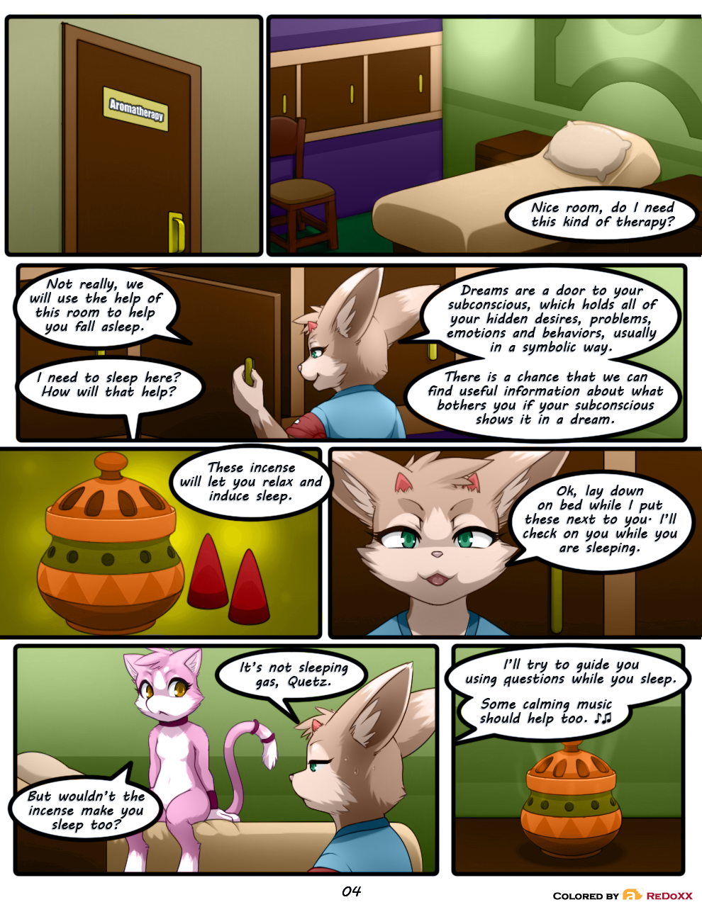 bed brown_fur colored comic crossgender darkmirage dialogue doctor dragonchu english_text fan_character female fur green_eyes incense pillow pink_fur psychologist quetzalli_(character) redoxx text