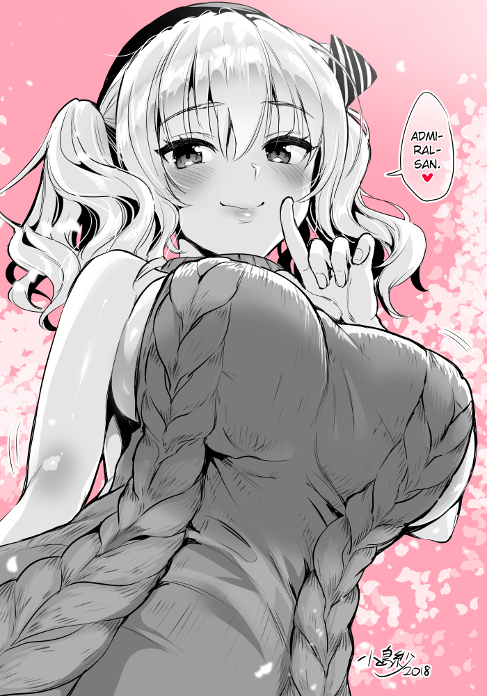 1girl 2018 alternate_costume aran_sweater bangs bare_shoulders beret blush bouncing_breasts breasts closed_mouth eyebrows_visible_through_hair finger_to_mouth from_below hair_ribbon hard_translated hat heart index_finger_raised kantai_collection kashima_(kantai_collection) kojima_saya large_breasts lips looking_at_viewer looking_down meme_attire monochrome motion_lines petals pink_background ribbed_sweater ribbon short_hair short_twintails shushing sideboob signature sleeveless smile solo speech_bubble sweater translated twintails upper_body virgin_killer_sweater wavy_hair