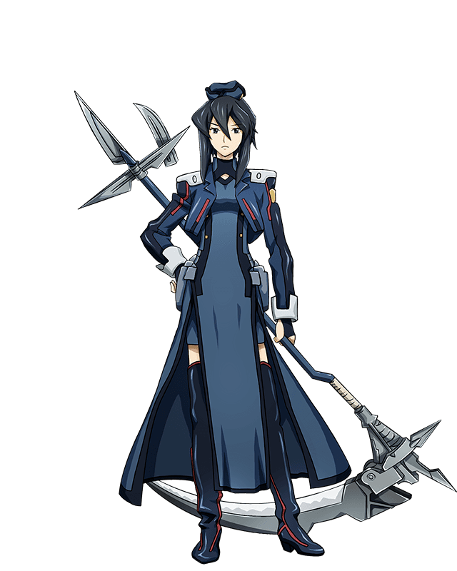 black_eyes black_footwear black_gloves black_hair blue_dress boots dress fingerless_gloves full_body gloves hair_between_eyes hand_on_hip hat holding holding_weapon log_horizon looking_at_viewer mini_hat official_art round_table_concil_uniform scythe short_dress short_hair_with_long_locks sidelocks solo standing takayama_misa thigh_boots thighhighs transparent_background uniform weapon