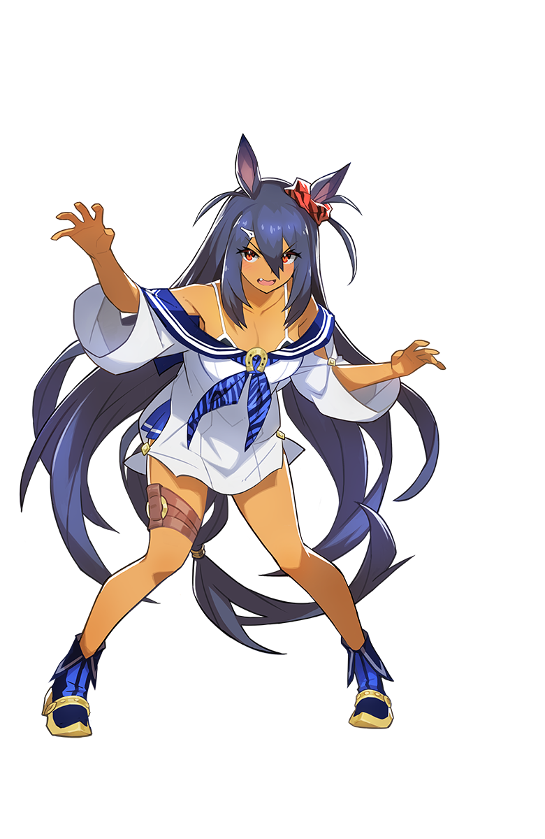 animal_ears artist_request bare_shoulders blue_hair blush breasts cleavage dark_skin full_body hair_between_eyes hair_ornament hairclip highres hishi_amazon horse_ears horse_girl horse_tail large_breasts long_hair off_shoulder official_art open_mouth outstretched_arms red_eyes red_scrunchie school_uniform scrunchie serafuku shoes solo tail tan tanline thigh_strap transparent_background umamusume very_long_hair