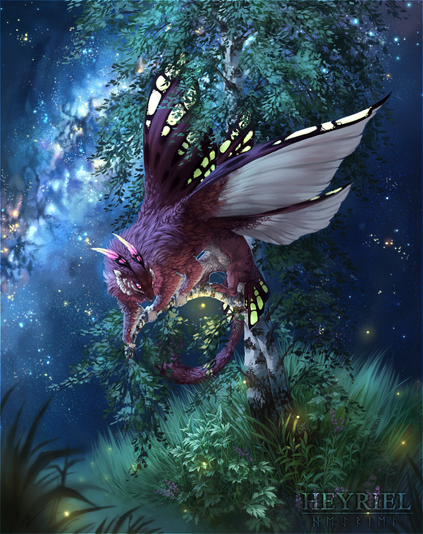 ambiguous_gender detailed_background digital_media_(artwork) dragon feral fur furred_dragon grass heyriel horn membranous_wings night outside purple_eyes purple_fur solo wings