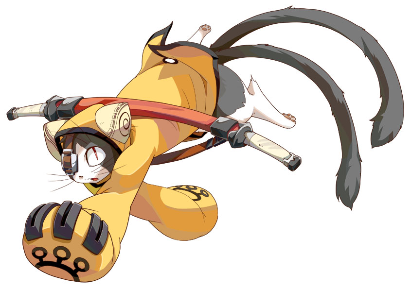 2011 2_tails anthro blazblue clothing cover cover_page disembodied_leg eye_patch eyewear feline feral harusuke japanese jubei kaka male mammal melee_weapon multi_tail nekomata pawpads paws simple_background solo video_games weapon white_background