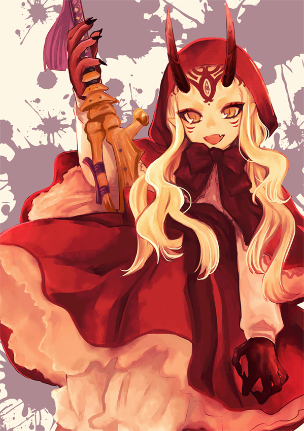 blonde_hair claws fate/grand_order fate_(series) horns ibaraki_douji_(fate/grand_order) long_hair looking_at_viewer monster_girl oni red_riding_hood red_riding_hood_(cosplay) slit_pupils smile sword tattoo weapon yellow_eyes