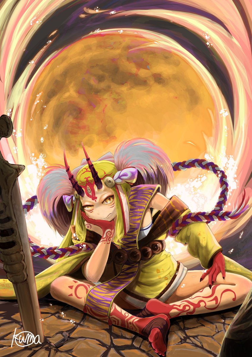 1girl bare_shoulders blonde_hair claws fate/grand_order fate_(series) female highres horns ibaraki_douji_(fate/grand_order) kimono long_hair looking_at_viewer off_shoulder oni oni_horns rockin_h_v short_kimono sitting solo wafuku wide_sleeves yellow_eyes yellow_kimono