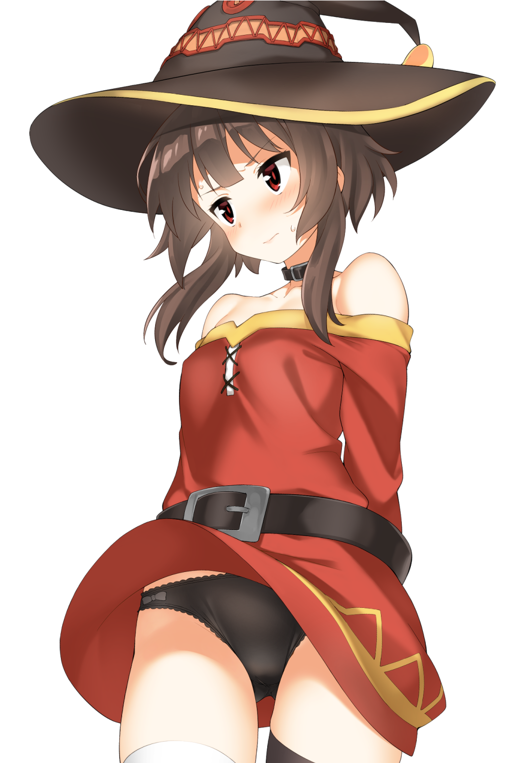 ass_visible_through_thighs bangs bare_shoulders belt belt_buckle black_belt black_panties bow bow_panties brown_hair buckle button_eyes collar collarbone commentary_request dress eyebrows_visible_through_hair frilled_panties frills hat hatakenaka_(kamagabuchi) highres hips kono_subarashii_sekai_ni_shukufuku_wo! looking_to_the_side megumin mismatched_legwear off-shoulder_dress off_shoulder panties pantyshot pantyshot_(standing) red_dress red_eyes short_hair_with_long_locks sidelocks simple_background single_thighhigh skirt skirt_lift solo standing sweatdrop thighhighs thighs underwear upskirt white_background wind wind_lift witch_hat