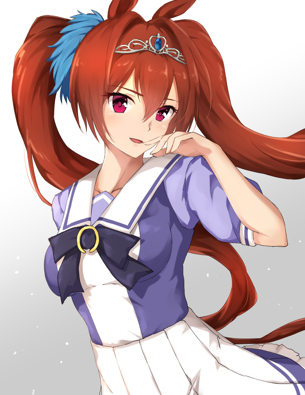 animal_ears bow brown_hair commentary_request daiwa_scarlet highres horse_ears horse_girl horse_tail horseshoe ojou-sama_pose raidensan school_uniform solo tail tiara umamusume