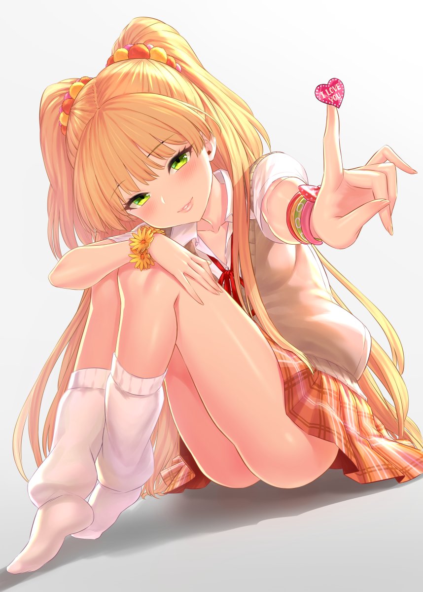 ass bangs bare_legs blonde_hair blunt_bangs blush bracelet breasts collarbone collared_shirt commentary eyebrows_visible_through_hair full_body green_eyes grey_background heart highres idolmaster idolmaster_cinderella_girls jewelry jougasaki_rika legs long_hair looking_at_viewer loose_socks multicolored_scrunchie neck_ribbon no_shoes orange_skirt outstretched_arm parted_lips plaid plaid_skirt pom_pom_(clothes) reaching red_ribbon ribbon scrunchie shirt simple_background sitting skirt small_breasts smile socks solo sticker thighs tsurime two_side_up vest white_legwear yapo_(croquis_side)