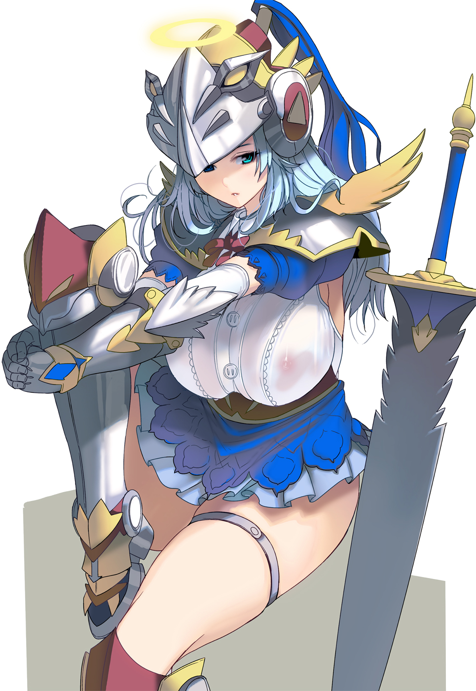 angel angel_wings aqua_eyes aqua_hair breasts commentary_request covered_nipples curvy greaves halo helmet highres knight large_breasts long_hair masao original pauldrons plump see-through skirt solo sword weapon wings