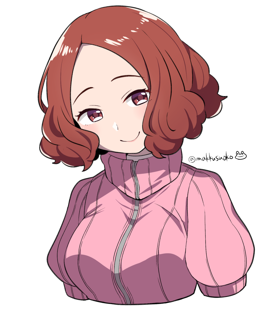 blush brown_eyes brown_hair commentary_request do_m_kaeru okumura_haru persona persona_5 pink_sweater ribbed_sweater short_hair smile solo sweater twitter_username upper_body