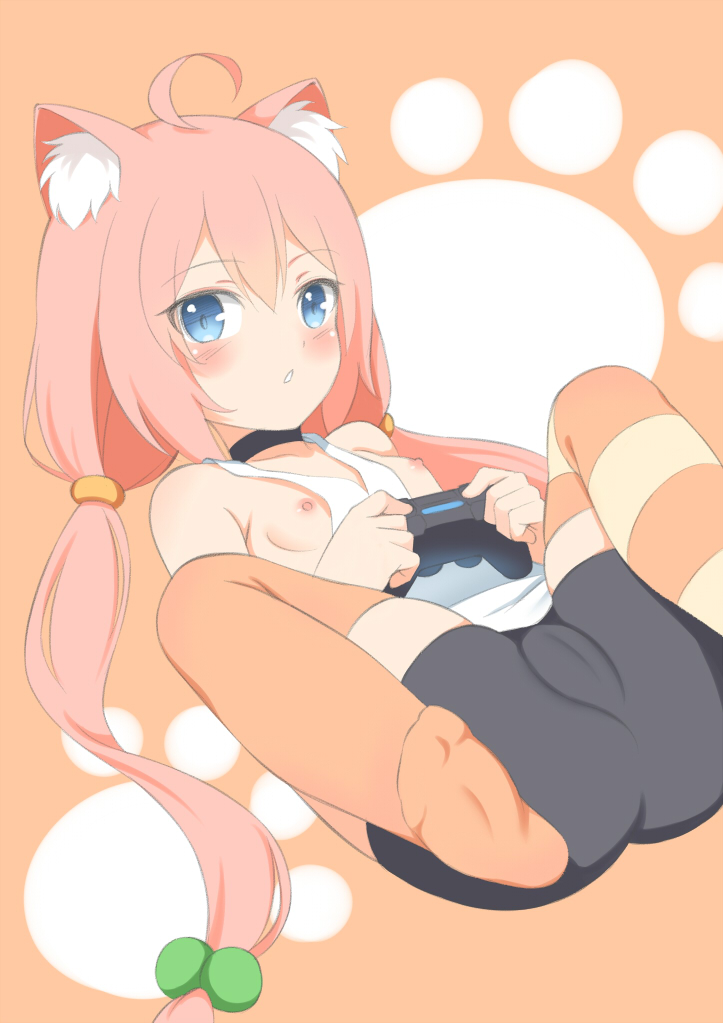 ahoge animal_ear_fluff animal_ears bangs bare_shoulders bike_shorts black_choker black_shorts blue_eyes blush breasts cameltoe cat_ears choker commentary_request controller eyebrows_visible_through_hair game_controller hair_between_eyes hair_bobbles hair_ornament hinata_channel holding long_hair looking_at_viewer low_twintails lying mismatched_legwear nekomiya_hinata nipples no_shoes on_back orange_legwear parted_lips pink_hair short_shorts shorts small_breasts solo striped striped_legwear tank_top thighhighs toshishikisai twintails very_long_hair virtual_youtuber white_tank_top