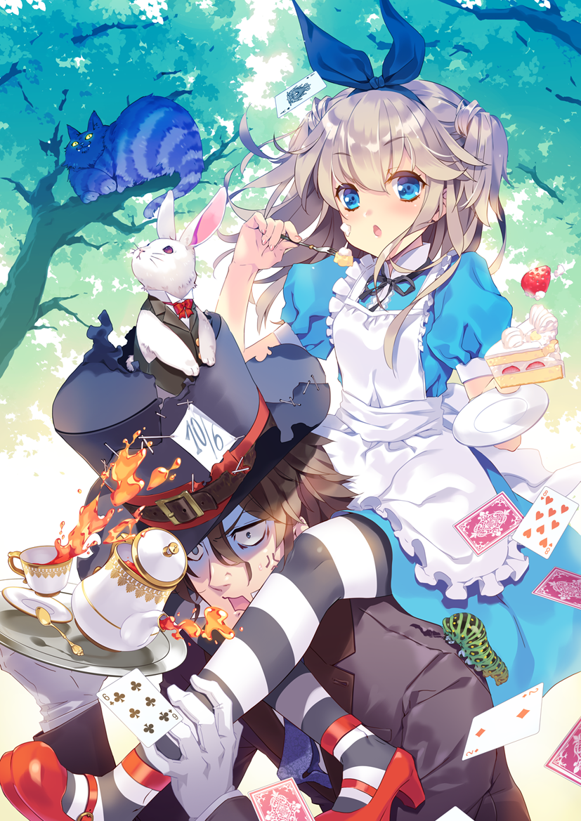 1girl ace_of_spades alice_(wonderland) anger_vein animal apron bangs black_hat black_jacket blue_dress blue_eyes blue_ribbon blush brown_hair cake card carrying cat cheshire_cat clothed_animal collared_shirt commentary_request cup diamond_(shape) dress eyebrows_visible_through_hair food food_on_face fork frilled_apron frills fruit gloves hair_between_eyes hair_ribbon hat holding holding_fork holding_plate jacket light_brown_hair long_hair mad_hatter maid_apron mary_janes original oswald_musashi pantyhose parted_lips plate playing_card puffy_short_sleeves puffy_sleeves red_footwear ribbon saucer shirt shoes short_sleeves shoulder_carry sleeveless sleeveless_jacket sleeveless_shirt slice_of_cake spade_(shape) strawberry striped striped_legwear tea teacup teapot top_hat torn_clothes torn_hat tray two_side_up white_apron white_gloves white_rabbit white_shirt