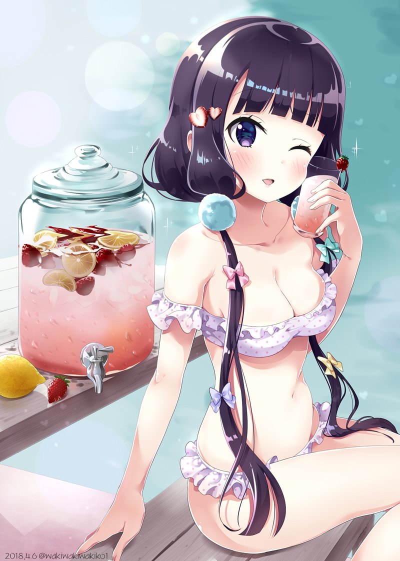 ;d bangs bare_arms bare_shoulders bench bikini blend_s blush bow breasts cleavage collarbone commentary_request cup cup_to_cheek dated drink drinking_glass faucet fingernails food food_themed_hair_ornament fruit fruit_punch_(drink) green_bow hair_bow hair_ornament head_tilt holding holding_cup lemon lemon_slice long_hair looking_at_viewer low_twintails medium_breasts navel neki_(wakiko) on_bench one_eye_closed open_mouth parted_lips pink_bow polka_dot polka_dot_bikini purple_bow purple_eyes purple_hair sakuranomiya_maika sitting smile solo sparkle strapless strapless_bikini strawberry strawberry_hair_ornament swimsuit table thighs twintails twitter_username very_long_hair white_bikini yellow_bow