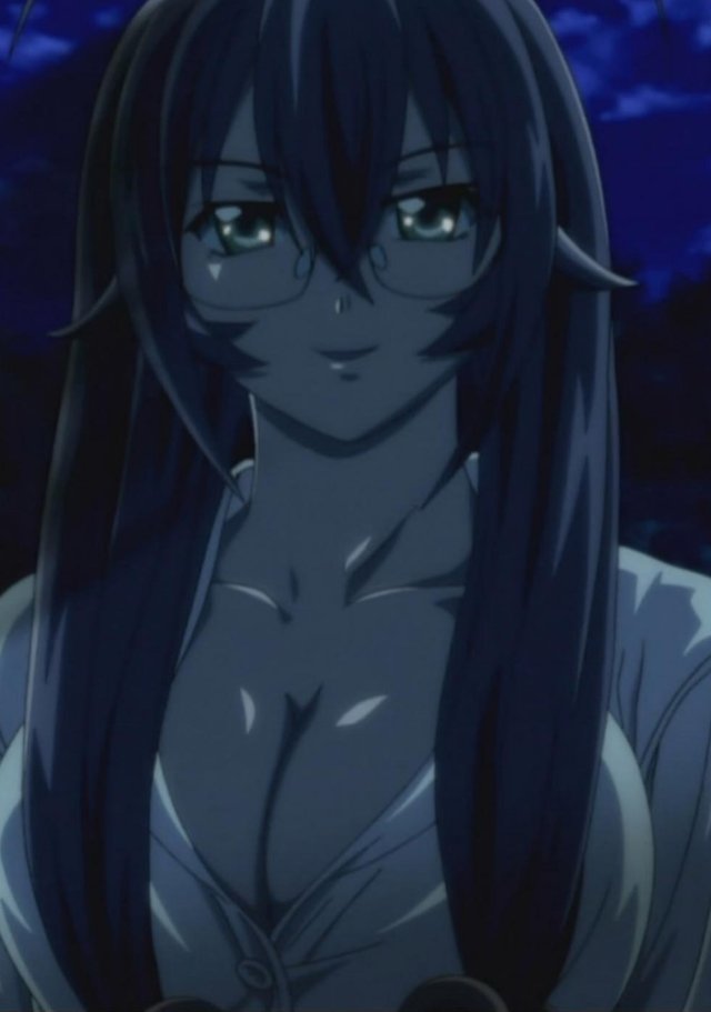 breasts cleavage dark_hair glasses green_eyes ikkitousen large_breasts ryuubi_gentoku screencap smile