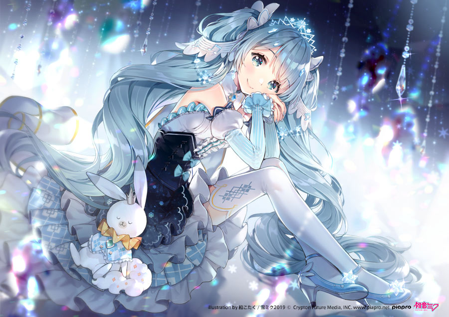 1girl :3 ancotaku animal artist_name bangs bare_shoulders blue_eyes blue_hair blue_ribbon brooch bunny clothed_animal corset crown curly_hair detached_sleeves dress earrings elbows_on_knees eyes_closed frilled_skirt frills from_side full_body hair_ornament hands_on_own_cheeks hands_on_own_face hatsune_miku high_heels jewelry layered_skirt long_hair looking_at_viewer mini_crown pumps ribbon sidelocks sitting skirt sleeveless sleeveless_dress smile thighhighs tiara twintails very_long_hair vocaloid white_legwear yuki_miku yukine_(vocaloid)