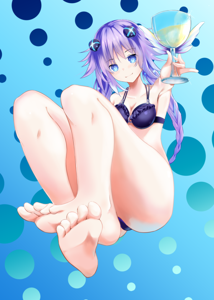 ashita_no_sakuya ass bare_legs bare_shoulders barefoot bikini blue_background blue_eyes braid breasts commentary_request cup drinking_glass feet full_body holding holding_cup long_hair medium_breasts neptune_(series) polka_dot polka_dot_background power_symbol purple_bikini purple_hair purple_heart smile soles solo swimsuit symbol-shaped_pupils twin_braids twintails very_long_hair