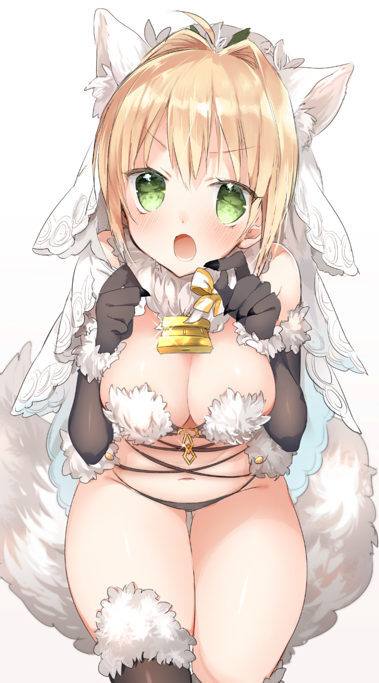 1girl :o ahoge alternate_color black_gloves black_legwear blonde_hair breast_squeeze breasts cleavage cosplay dangerous_beast elbow_gloves fate/grand_order fate_(series) fur_trim glint gloves gluteal_fold gradient gradient_background green_eyes hair_intakes highres lock looking_at_viewer looking_up mash_kyrielight mash_kyrielight_(cosplay) medium_breasts navel nero_claudius_(bride)_(fate) nero_claudius_(fate)_(all) o-ring o-ring_top open_mouth padlock revision short_hair simple_background sino_(sionori) sitting solo tail thighhighs v-shaped_eyebrows veil