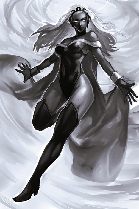 bare_shoulders boots breasts cape closed_mouth dark_skin electricity flying_sweatdrops greyscale hankuri headpiece high_heel_boots high_heels leotard long_hair looking_at_viewer medium_breasts monochrome no_pupils outstretched_arms solo spread_arms storm_(x-men) thigh_boots thighhighs very_dark_skin wristband x-men