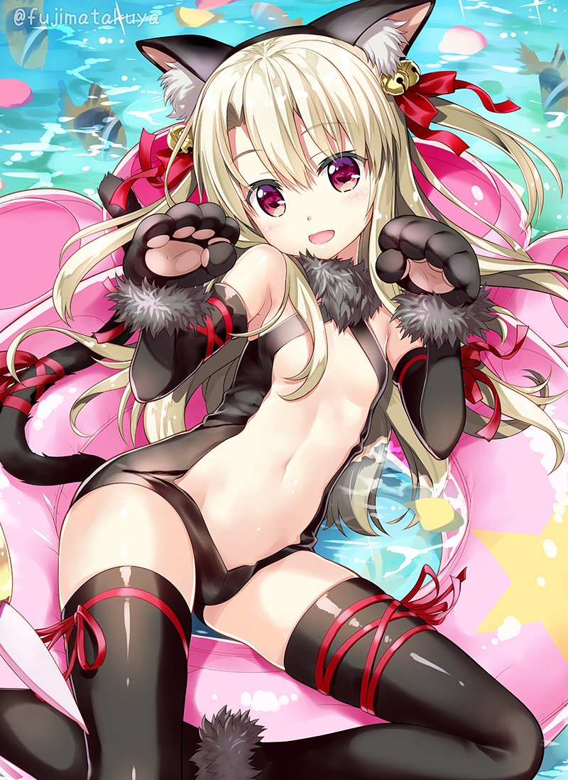 animal_ears black_gloves black_legwear black_leotard blush breasts cat_ears cat_tail commentary_request elbow_gloves eyebrows_visible_through_hair fake_animal_ears fate/grand_order fate/kaleid_liner_prisma_illya fate_(series) fujima_takuya fur_trim gloves hair_between_eyes illyasviel_von_einzbern innertube leotard long_hair looking_at_viewer lying navel on_back open_mouth paw_gloves paws red_eyes shiny shiny_hair shiny_skin small_breasts solo tail thighhighs water white_hair