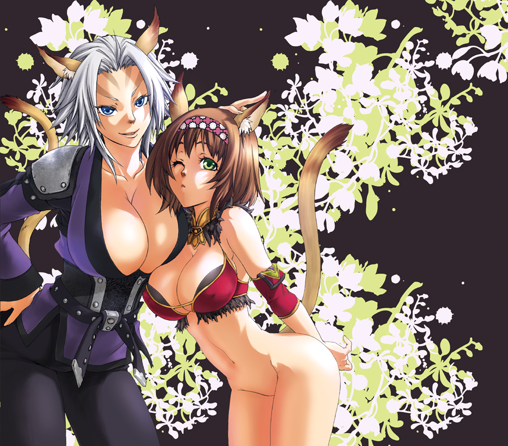 animal_ears bottomless breasts brown_hair cat_ears cleavage final_fantasy final_fantasy_xi huge_breasts large_breasts mithra multiple_girls navel one_eye_closed tachibana_chata tail white_hair