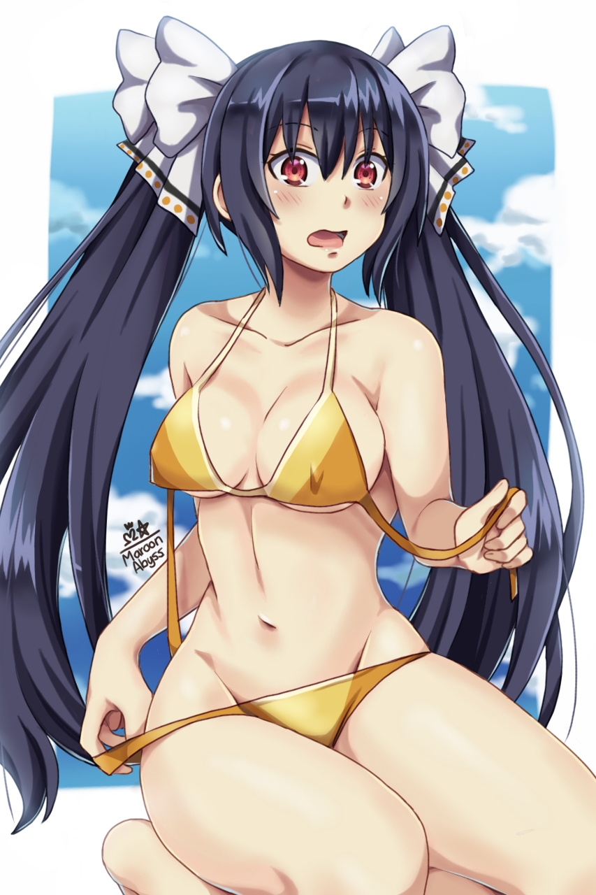 bikini black_hair blush bow breasts covered_nipples hair_bow highres long_hair maroonabyss medium_breasts navel neptune_(series) noire open_mouth red_eyes signature sitting solo surprised swimsuit twintails undressing very_long_hair