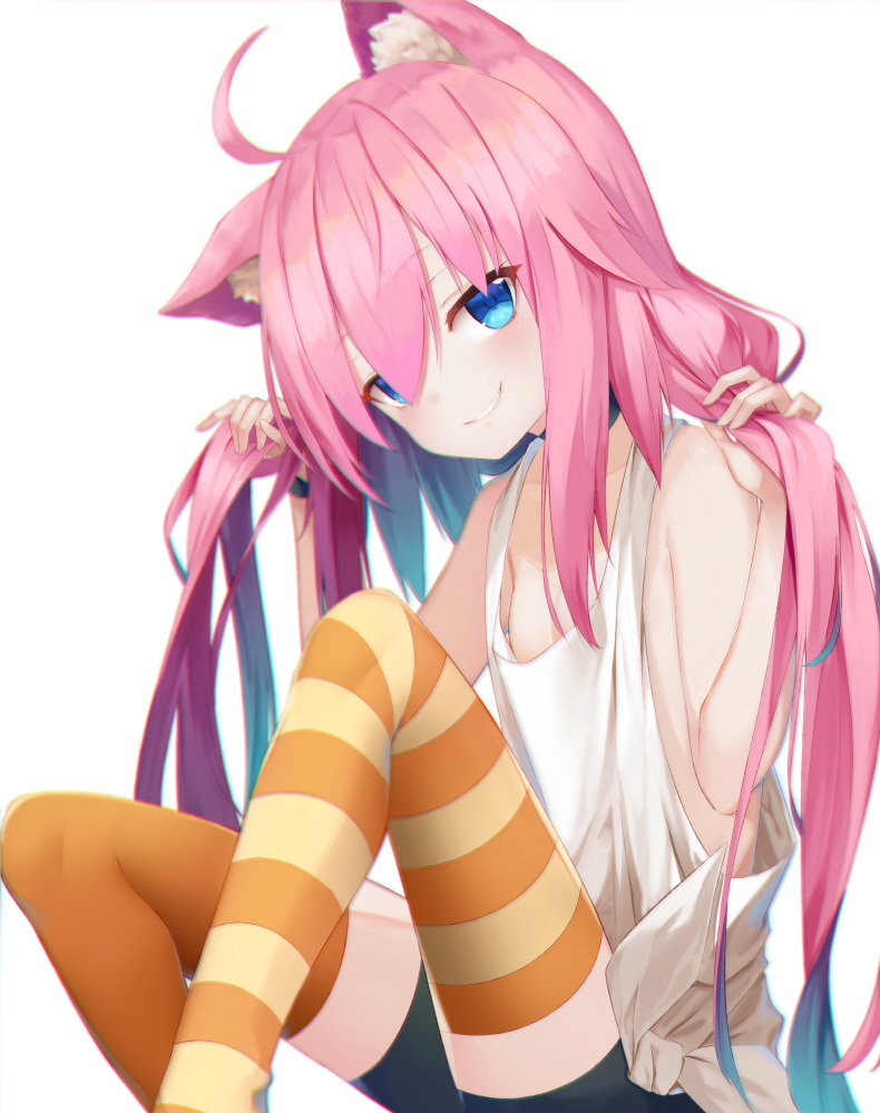 animal_ear_fluff animal_ears bike_shorts blue_eyes breasts cat_ears grin hinata_channel long_hair looking_at_viewer nekomiya_hinata orange_legwear pink_hair simple_background sleeveless small_breasts smile solo soya_(torga) striped striped_legwear thighhighs twintails very_long_hair virtual_youtuber white_background