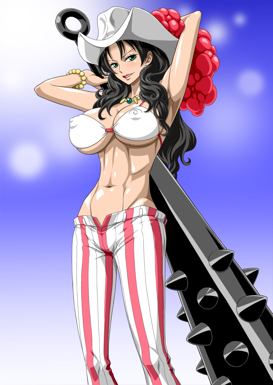 1girl abs alvida armpits arms_up bare_arms bare_shoulders bikini bikini_top black_hair blush breasts capri_pants cleavage club erect_nipples gradient gradient_background green_eyes hat highres holding holding_weapon large_breasts legs lips lipstick long_hair looking_at_viewer mace navel necklace nel-zel_formula one_piece parted_lips red_lips simple_background smile solo spiked_club standing striped striped_pants sun_hat thighs toned underboob vertical_stripes weapon white_bikini white_bikini_top white_hat