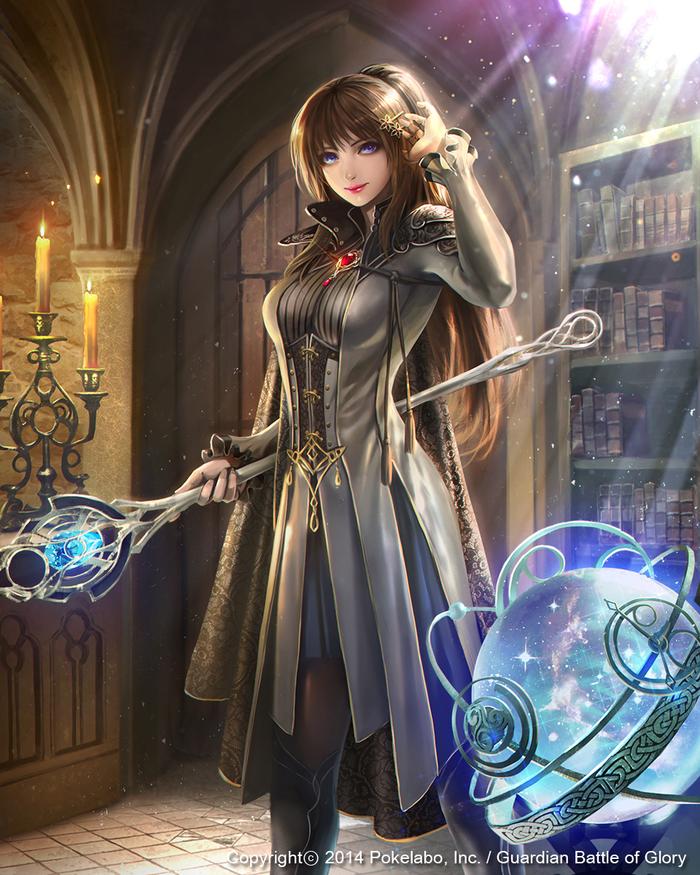 adjusting_hair astrolabe axial black_legwear blue_eyes bookshelf breasts brown_hair candle candlestand dated door eudia_(serenity2200) fantasy globe guardian_battle_of_glory hair_ornament indoors light_rays lipstick long_hair makeup medium_breasts official_art solo staff standing watermark