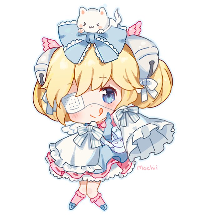 :q animal animal_on_head bell blonde_hair blue_bow blue_eyes blush bow cat cat_on_head chibi commentary commission cutesu_(cutesuu) english_commentary eyebrows_visible_through_hair eyepatch frills hair_bell hair_bow hair_ornament head_wings jingle_bell knees_together_feet_apart long_sleeves looking_at_viewer medical_eyepatch mochii on_head original pink_legwear signature simple_background sleeves_past_fingers sleeves_past_wrists smile solo tongue tongue_out white_background