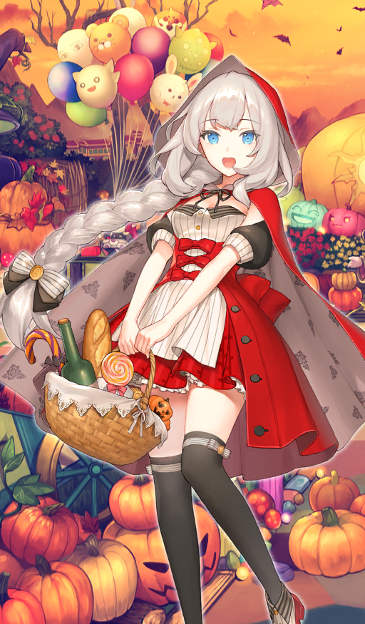 1girl back_bow baguette balloon basket bat_(animal) black_bow black_ribbon black_thighhighs blue_eyes bottle bow bow_legwear braid bread breasts buttons candy candy_cane cape check_clothing clothing_request commentary cosplay dress fate/grand_order fate_(series) feet_out_of_frame floating_clothes floating_hair food fou_(fate) frilled_dress frills gazer_(fate) ginka_sima hair_bow halloween halloween_costume holding holding_basket hood hood_up jack-o'-lantern layered_dress leg_up little_red_riding_hood_(grimm) little_red_riding_hood_(grimm)_(cosplay) lollipop long_hair looking_at_viewer marie_antoinette_(fate) marie_antoinette_(festival_outfit)_(fate) medium_breasts medjed_(fate) multicolored_dress official_art open_mouth orange_sky outdoors overskirt puffy_short_sleeves puffy_sleeves pumpkin red_bow red_cape red_dress red_hood red_overskirt red_shoes ribbon shoes short_sleeves sidelocks single_braid sky smile solo striped_bow striped_clothes swirl_lollipop thighhighs third-party_source two-sided_cape two-sided_fabric two-tone_bow underbust very_long_hair white_bow white_dress white_hair