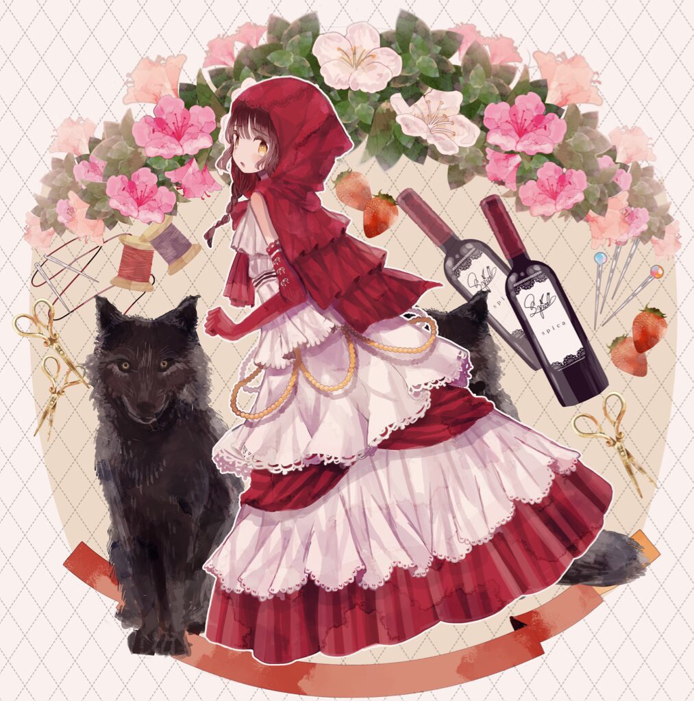 argyle argyle_background artist_name bangs bottle braid brown_eyes brown_hair clenched_hand commentary_request dress elbow_gloves flower food from_side fruit full_body gloves grimm's_fairy_tales hood hood_up lace layered_dress little_red_riding_hood little_red_riding_hood_(grimm) lolita_fashion long_dress long_hair looking_back needle original pin red_dress red_gloves red_hood red_ribbon ribbon scissors simple_background solo spool strawberry supika thread wine_bottle wolf