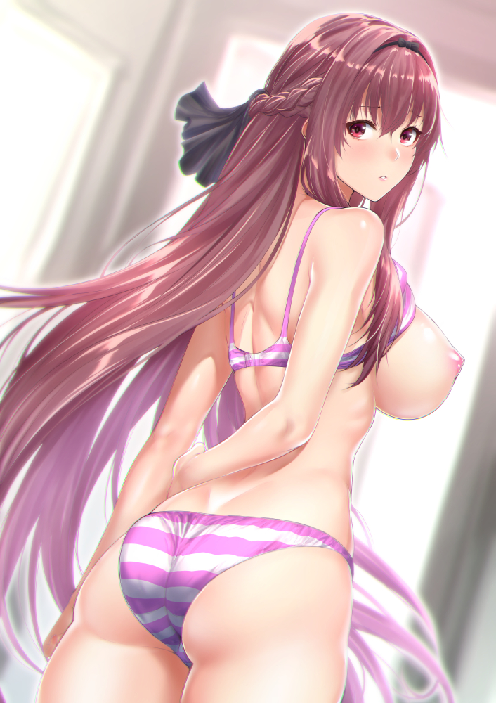 arms_behind_back ass bangs blush bra braid breasts brown_eyes brown_hair commentary_request day eyebrows_visible_through_hair from_behind hair_between_eyes large_breasts long_hair looking_at_viewer multicolored nipples nose_blush original panties solo striped striped_bra striped_panties underwear zucchini