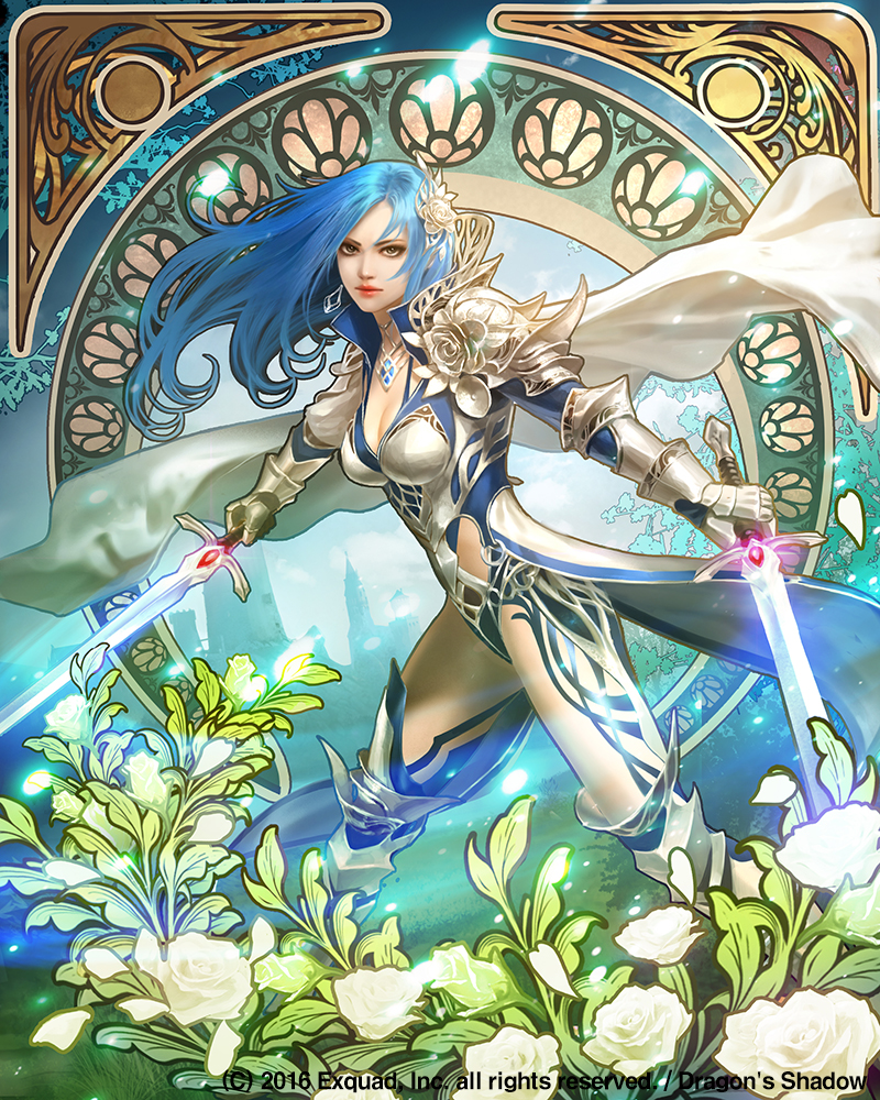 armor blue_hair cape copyright_name derigal dragon's_shadow dual_wielding earrings eudia_(serenity2200) fantasy flower gauntlets greaves hair_flower hair_ornament holding jewelry looking_at_viewer official_art pendant solo standing sword watermark weapon white_cape