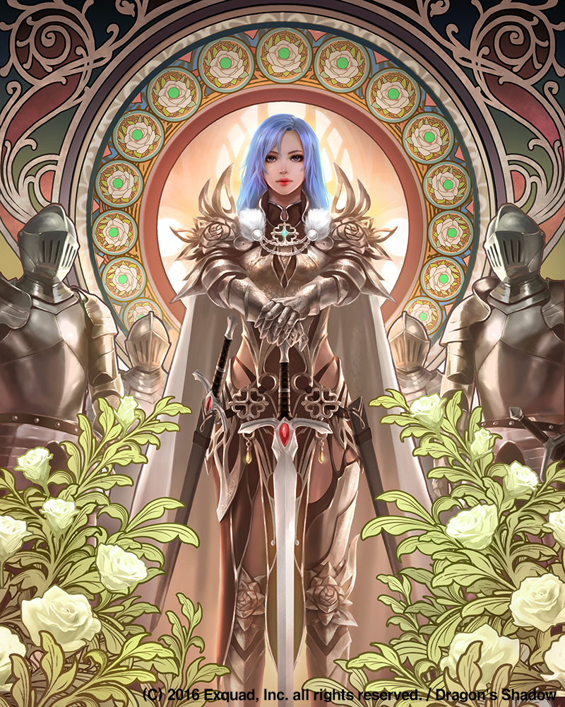 armor blue_hair cape copyright_name derigal dragon's_shadow eudia_(serenity2200) fantasy flower gauntlets greaves jewelry long_hair looking_afar looking_at_viewer official_art pendant planted_sword planted_weapon sheath sheathed standing sword watermark weapon white_cape