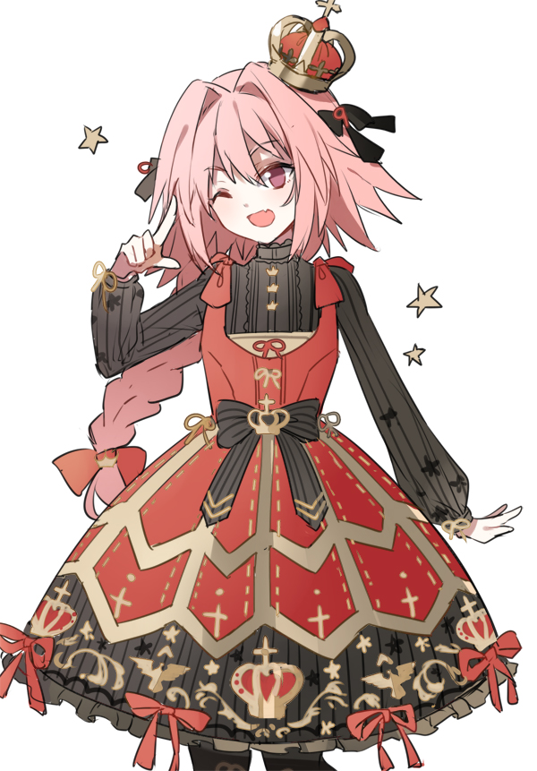 ;d astolfo_(fate) bangs big_hair black_bow black_legwear bow braid brooch center_frills collar commentary_request cowboy_shot crown dot_nose dress dress_bow eyebrows_visible_through_hair fang fate/apocrypha fate_(series) frilled_collar frilled_dress frills gold_trim gown hair_between_eyes hair_bow hair_intakes hand_up head_tilt jewelry layered_dress leopardtiger lolita_fashion long_hair long_sleeves looking_at_viewer male_focus multicolored multicolored_clothes multicolored_dress one_eye_closed open_mouth otoko_no_ko pantyhose pink_hair print_dress puffy_long_sleeves puffy_sleeves purple_eyes red_bow ribbed_dress ribbon ribbon-trimmed_dress short_dress simple_background single_braid smile solo standing standing_on_one_leg star striped striped_bow striped_dress vertical-striped_dress vertical_stripes white_background yellow_ribbon