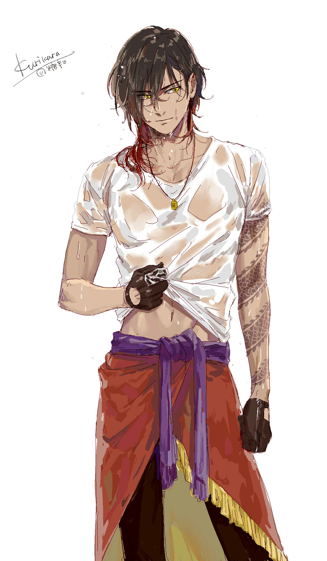 dark_skin male male_focus solo tattoo tattoos touken_ranbu wet wet_hair wet_shirt white_shirt