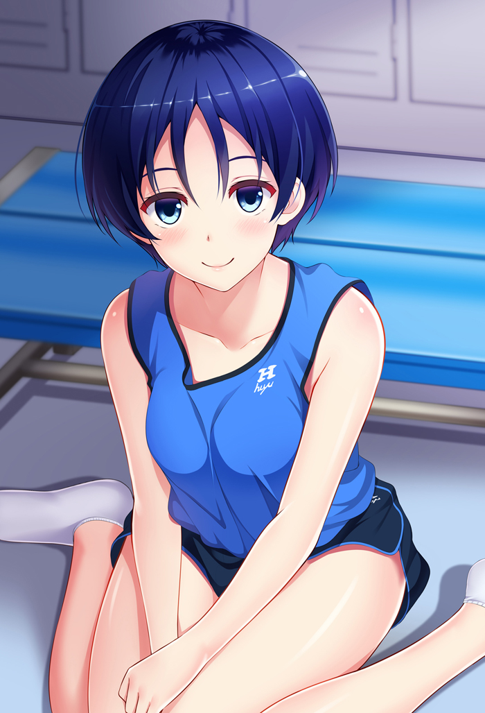 ankle_socks bare_arms bare_shoulders bench between_legs black_shorts blue_eyes blue_tank_top closed_mouth clothes_writing collarbone colored_eyelashes gym_shorts hand_between_legs huyumitsu indoors knees_together_feet_apart lips locker locker_room looking_at_viewer no_shoes on_floor original own_hands_together shiny shiny_skin short_hair shorts sitting smile socks solo sportswear tank_top tareme wariza white_legwear