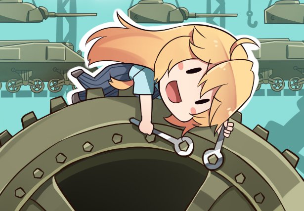 :d alternate_costume blonde_hair blue_pants blue_shirt brown_footwear charlie_chaplin fine_art_parody ground_vehicle hair_between_eyes holding ido_(teketeke) iowa_(kantai_collection) kantai_collection long_hair m4_sherman military military_vehicle modern_times motor_vehicle movie_reference open_mouth pants parody shirt shoes short_sleeves smile solo tank v-shaped_eyebrows wrench