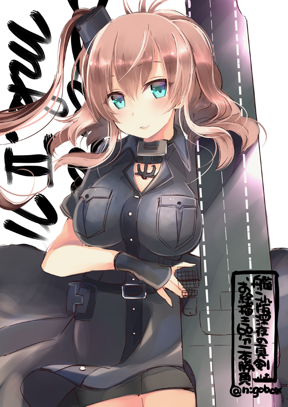 black_blouse black_dress blouse blue_eyes breast_pocket breasts collared_blouse cowboy_shot dress fingerless_gloves flight_deck gloves kantai_collection large_breasts long_hair nigo pocket ponytail remodel_(kantai_collection) rigging saratoga_(kantai_collection) short_sleeves side_ponytail simple_background smokestack_hair_ornament solo translation_request white_background