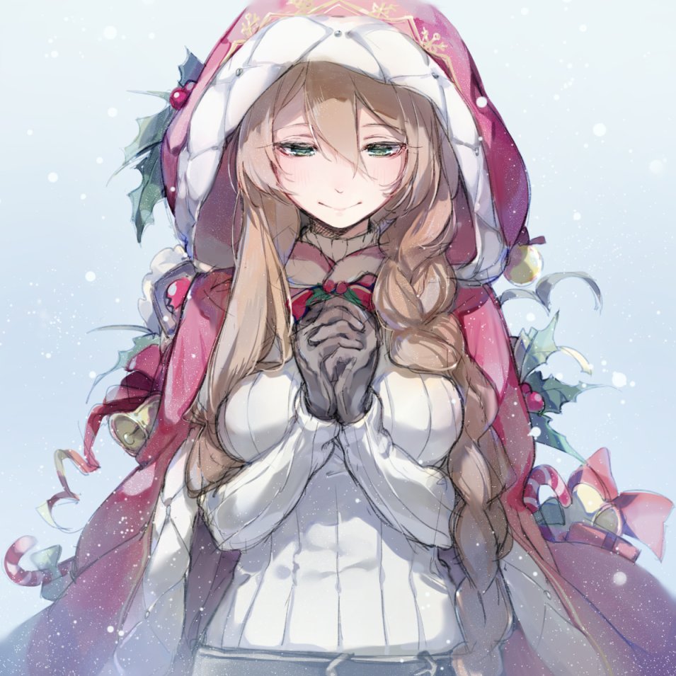 alternate_costume alternate_hairstyle bangs bell belt blush braid breasts brown_hair buckle candy candy_cane christmas christmas_ornaments coat commentary_request eyebrows_visible_through_hair food fur-trimmed_coat fur_trim girls_frontline gloves green_eyes hair_between_eyes hair_over_shoulder half-closed_eyes hands_together hood hood_up hooded_coat large_breasts long_hair long_sleeves looking_at_viewer looking_down m1903_springfield_(girls_frontline) red_coat ribbed_sweater shuzi sidelocks simple_background smile snow snowing solo sweat sweater upper_body very_long_hair white_sweater
