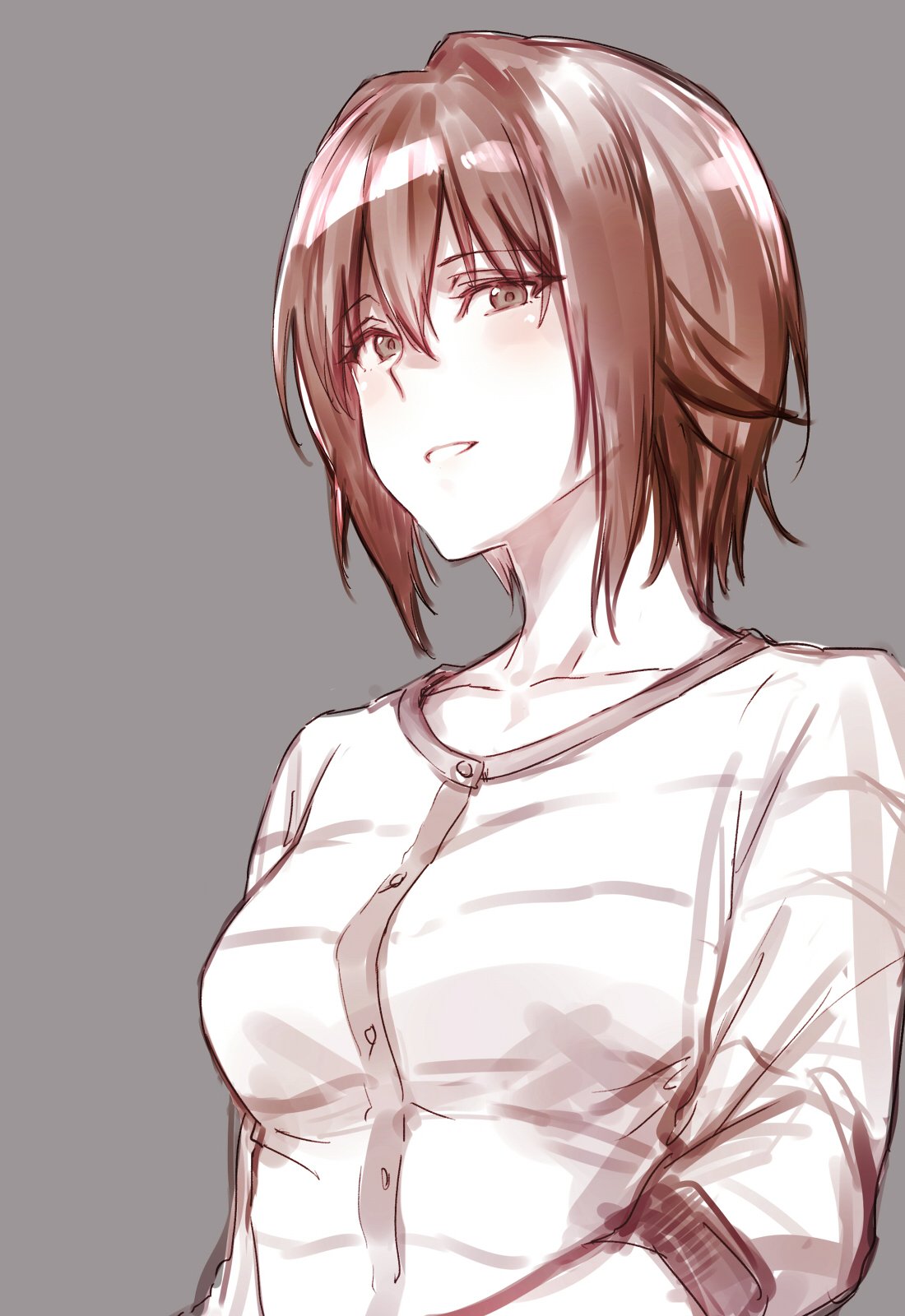 bangs brown casual commentary_request eyebrows_visible_through_hair girls_und_panzer grey_background highres long_sleeves looking_at_viewer monochrome napata nishizumi_maho parted_lips shirt short_hair sketch smile solo striped striped_shirt upper_body